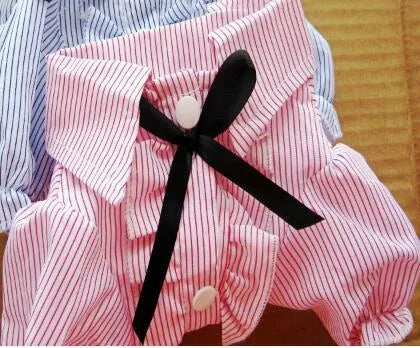 Cotton bubble sleeve bow tie pet shirt in red or blue stripes, sizes S to XXL for dogs and small pets