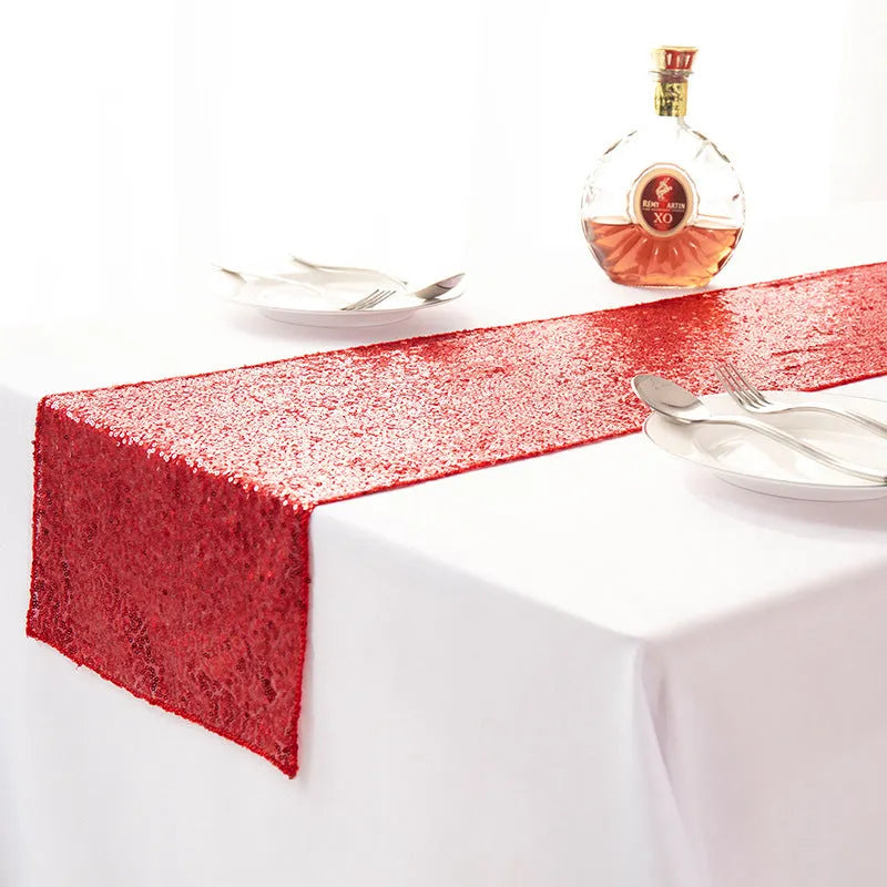 Gypsophila embroidered sequined polyester table runner in beige showing floral pattern and sequin detailing