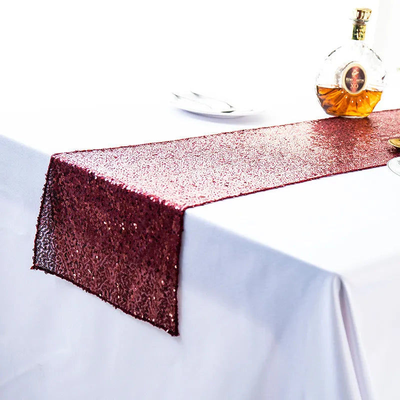 Gypsophila embroidered sequined polyester table runner in beige showing floral pattern and sequin detailing