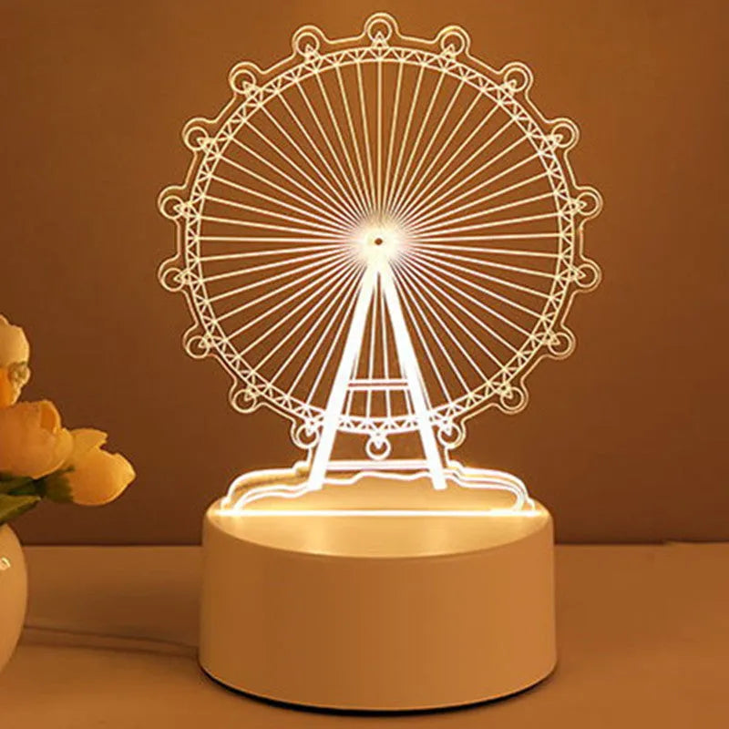3D acrylic USB LED night light with unicorn design and warm white projection on a desk