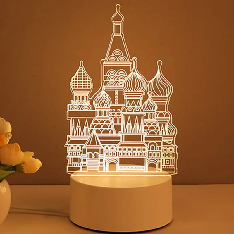3D acrylic USB LED night light with unicorn design and warm white projection on a desk