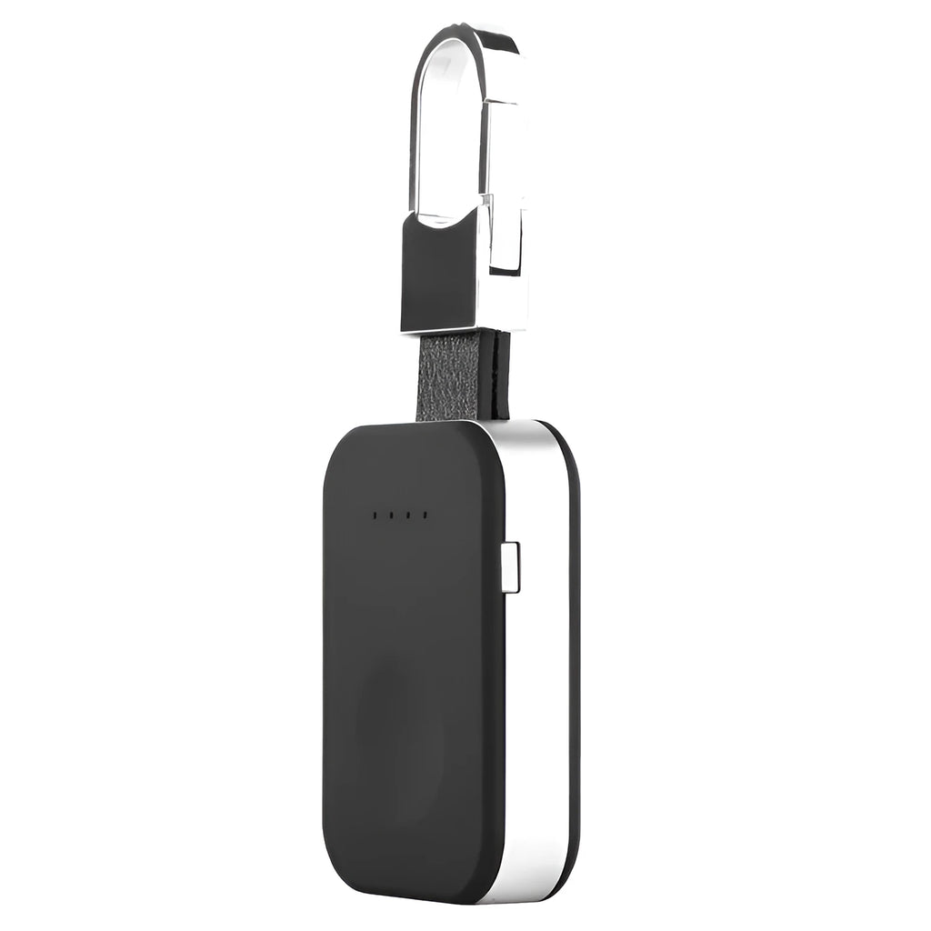 Black Apple Watch wireless power bank with keychain attachment showing compact rectangular design