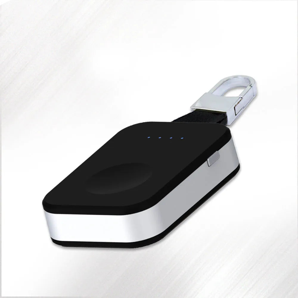 Black Apple Watch wireless power bank with keychain attachment showing compact rectangular design