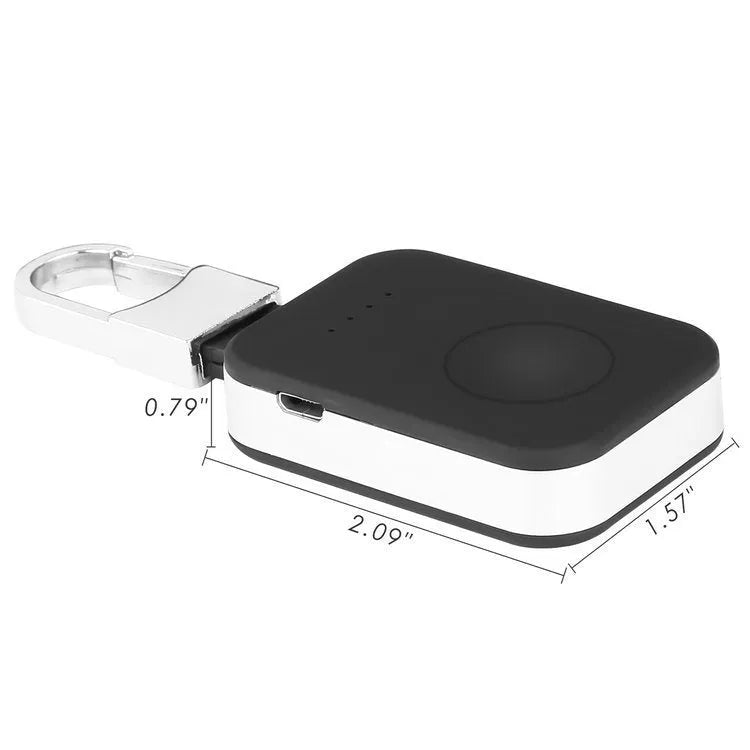 Black Apple Watch wireless power bank with keychain attachment showing compact rectangular design