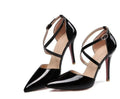 Women's D'Orsay ankle strap pumps with pointed toe and super high thin heel in black