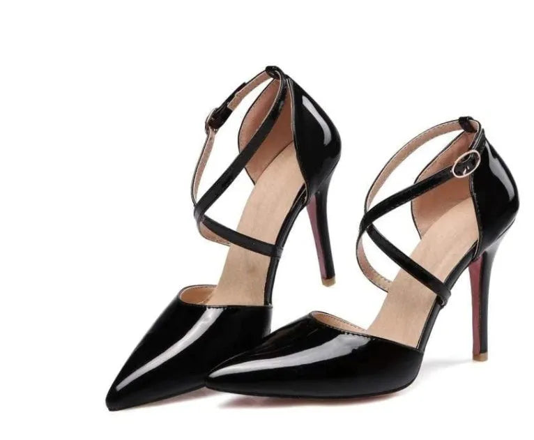 Women's D'Orsay ankle strap pumps with pointed toe and super high thin heel in black