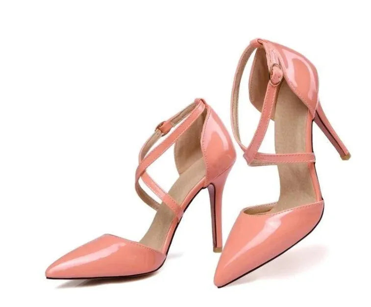 Women's D'Orsay ankle strap pumps with pointed toe and super high thin heel in black