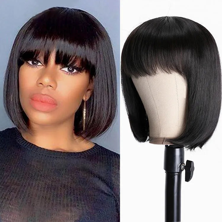 Unice machine-made human hair wig in black colour with 10-inch length