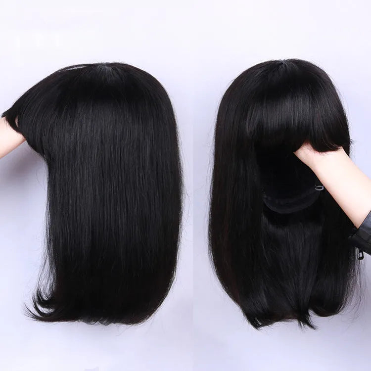 Unice machine-made human hair wig in black colour with 10-inch length