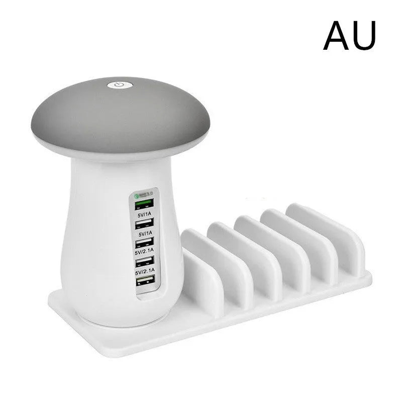 White 2-in-1 mushroom lamp USB charger with Qualcomm Quick Charge 3.0 on a wooden desk