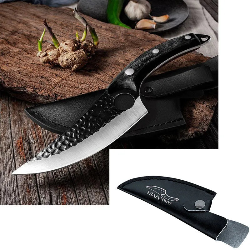 Slaughter and boning knife with curved blade, hammer pattern finish, ring handle, and brown leather sheath.