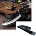 Slaughter and boning knife with curved blade, hammer pattern finish, ring handle, and brown leather sheath.