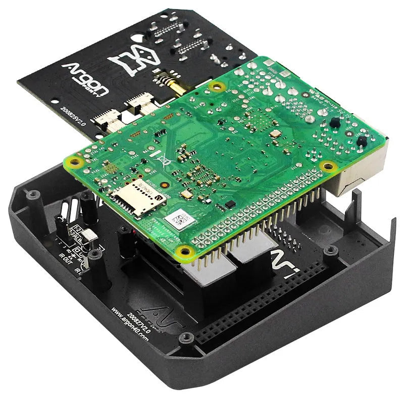 Aluminium protective shell with cooling fan for an M.2 hard drive expansion board.