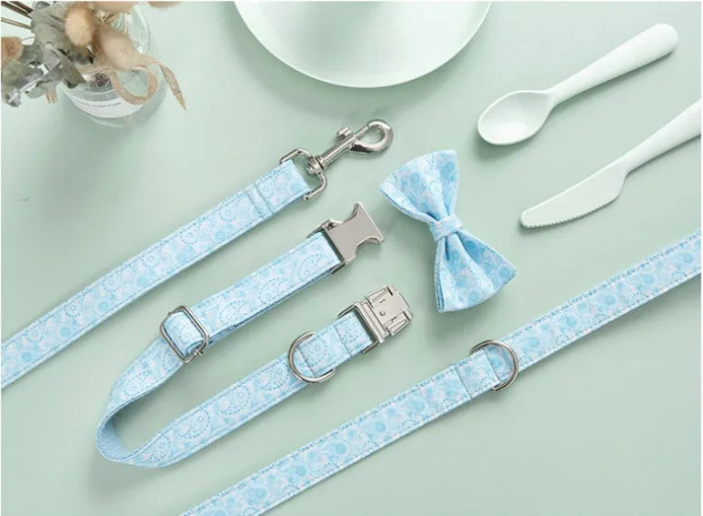 Paisley polyester pet collar, leash, and bow set in XS to XL sizes