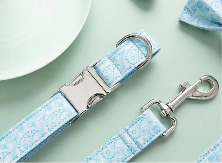 Paisley polyester pet collar, leash, and bow set in XS to XL sizes