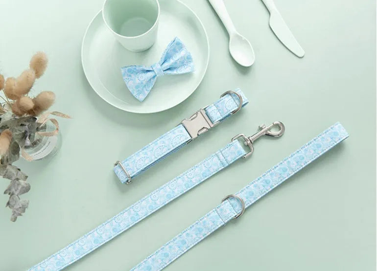 Paisley polyester pet collar, leash, and bow set in XS to XL sizes