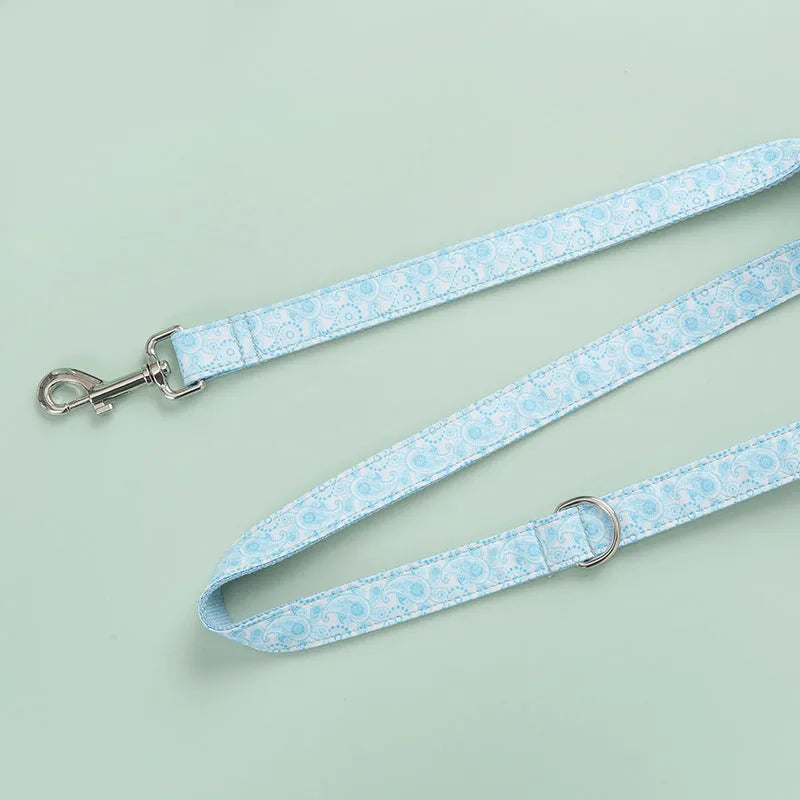 Paisley polyester pet collar, leash, and bow set in XS to XL sizes