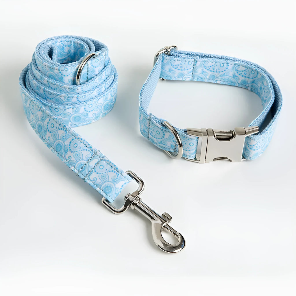 Paisley polyester pet collar, leash, and bow set in XS to XL sizes