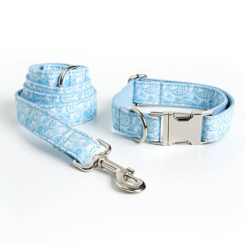 Paisley polyester pet collar, leash, and bow set in XS to XL sizes