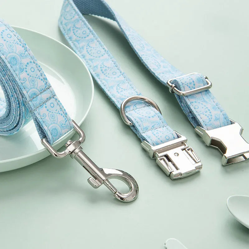 Paisley polyester pet collar, leash, and bow set in XS to XL sizes