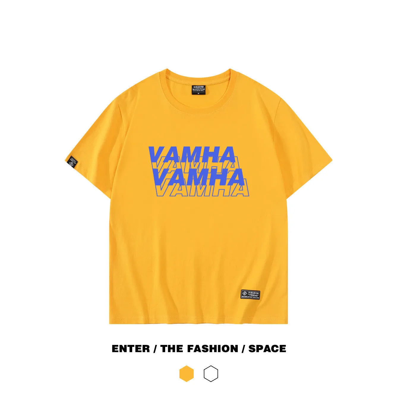 Ulzzang loose-fit short sleeve cotton t-shirt for men and women, round neck, available in black, white, blue and yellow, sizes S to 2XL.