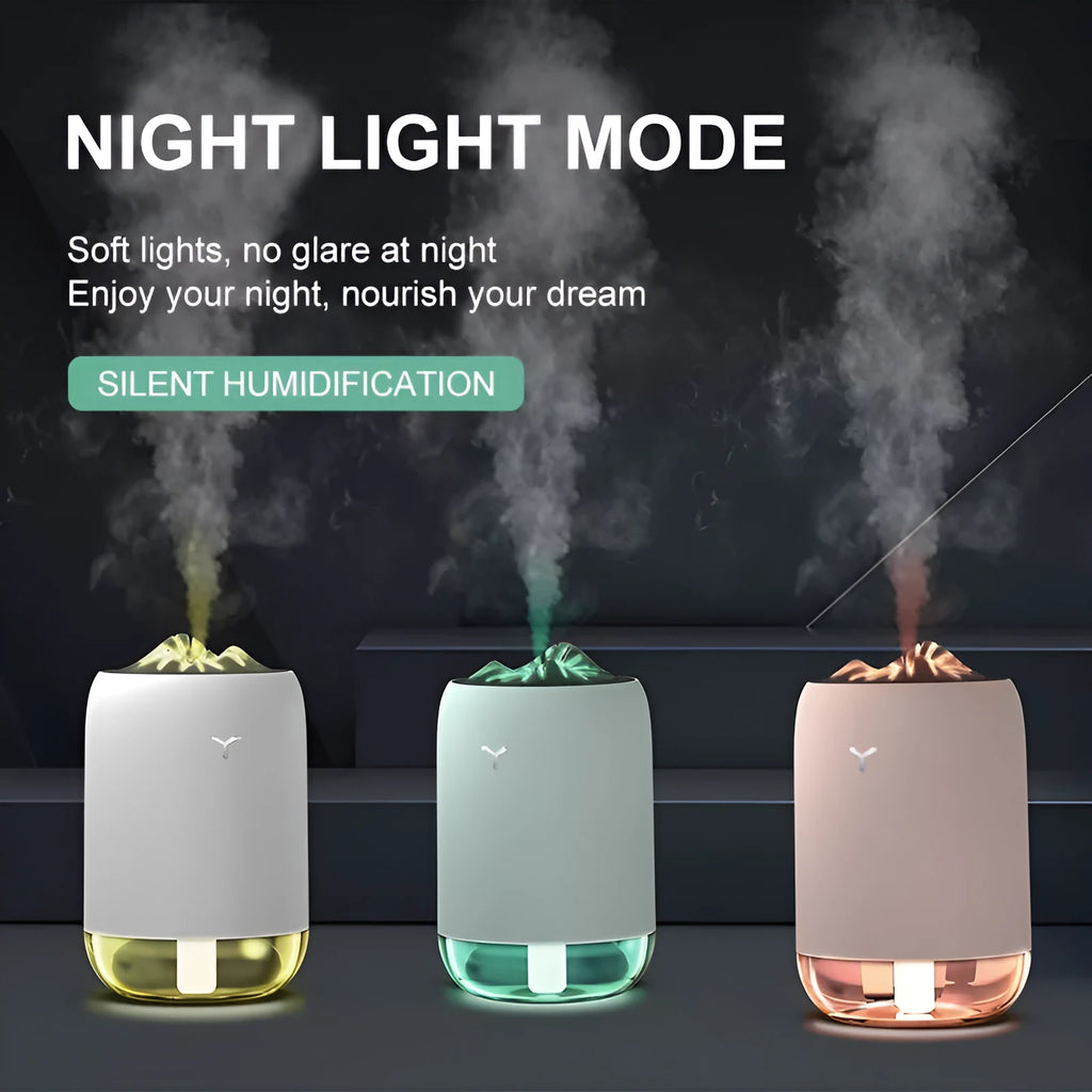 Mini cylindrical USB humidifier in turquoise green with night light on wooden desk