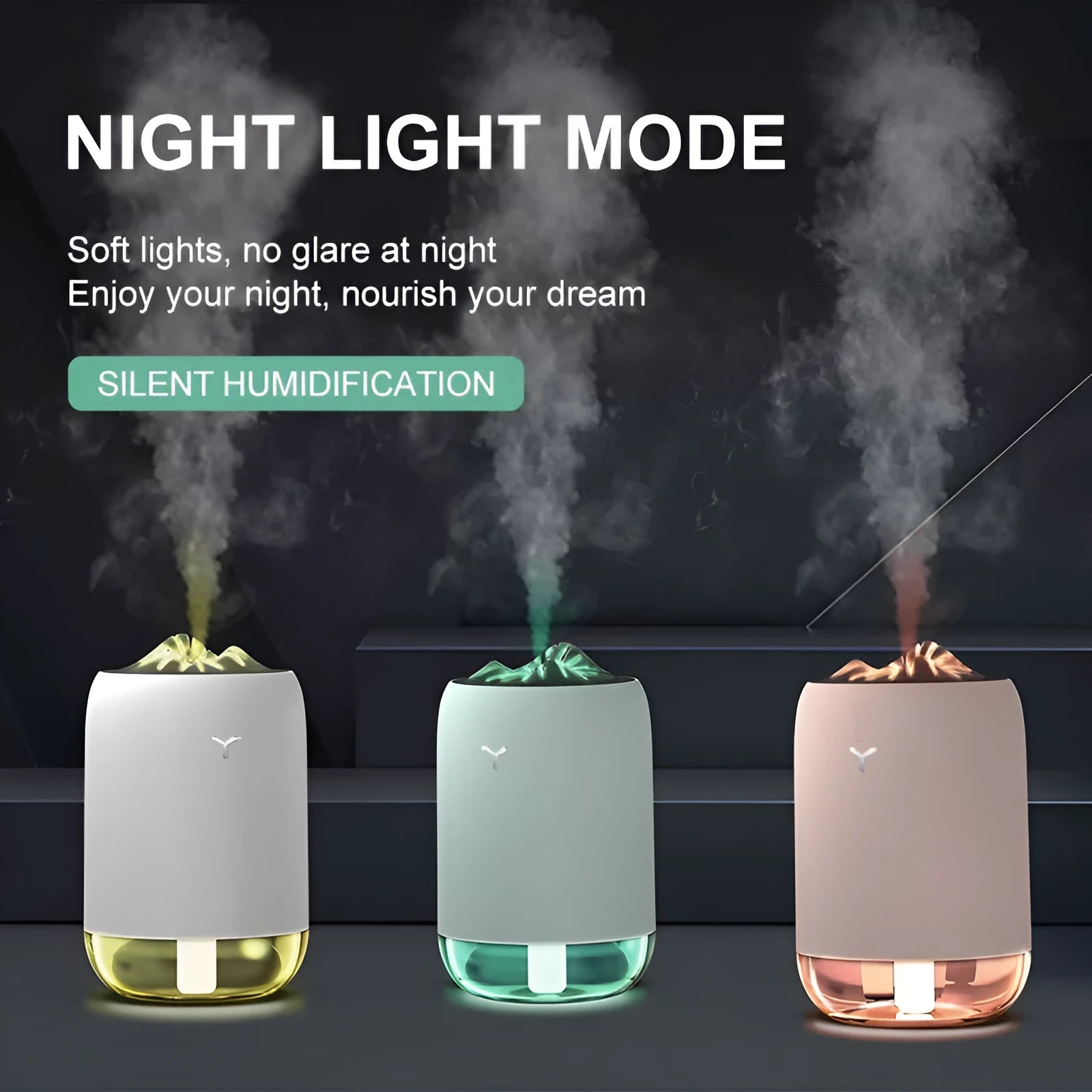 Mini cylindrical USB humidifier in turquoise green with night light on wooden desk