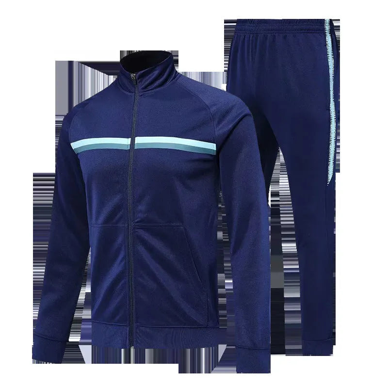 Blue men's casual suit with stand collar and matching trousers, long sleeves, autumn wear