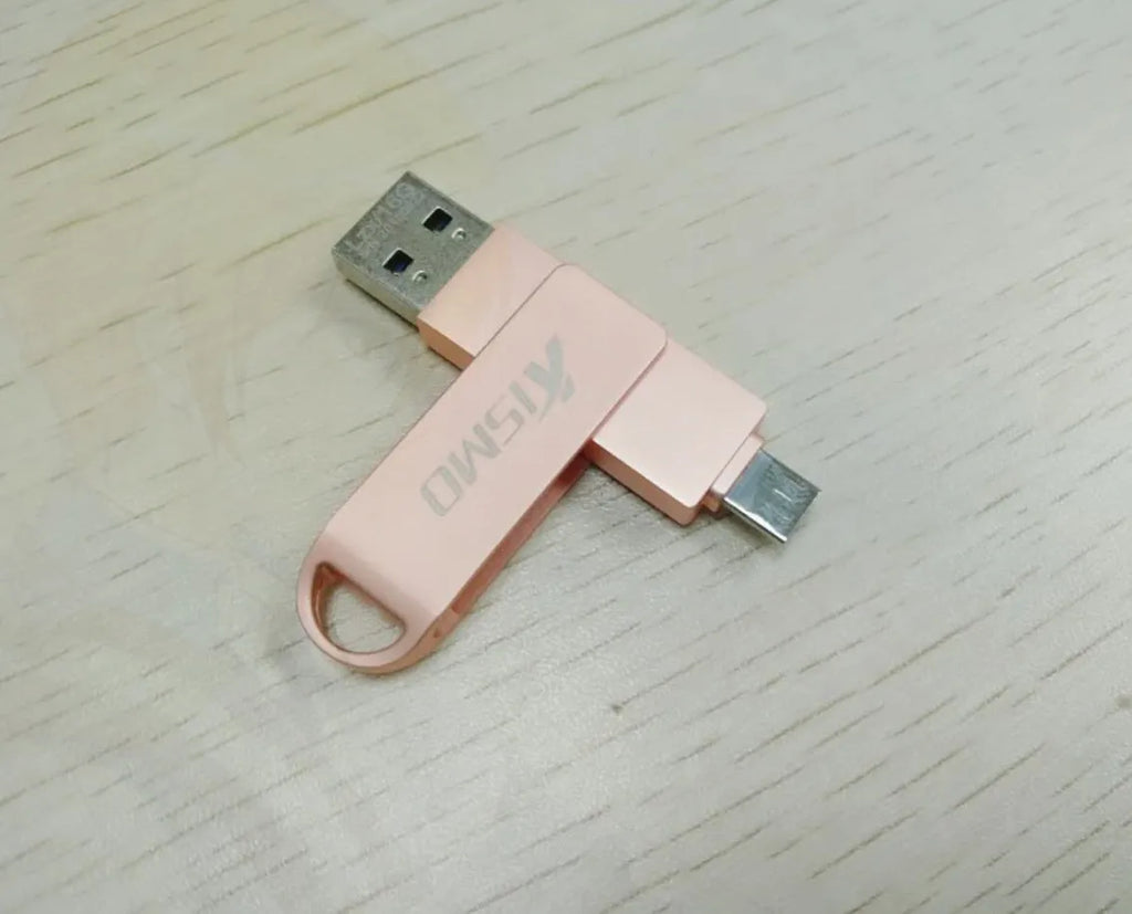 Dual-use USB 3.0 flash drive compatible with Apple and Android, available in 16GB to 128GB, black colour