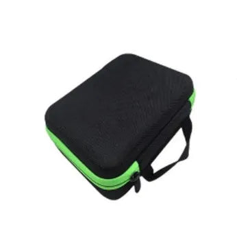 Red EVA cube-shaped essential oil storage bag with 30 compartments and a zipper, shown wall-mounted.