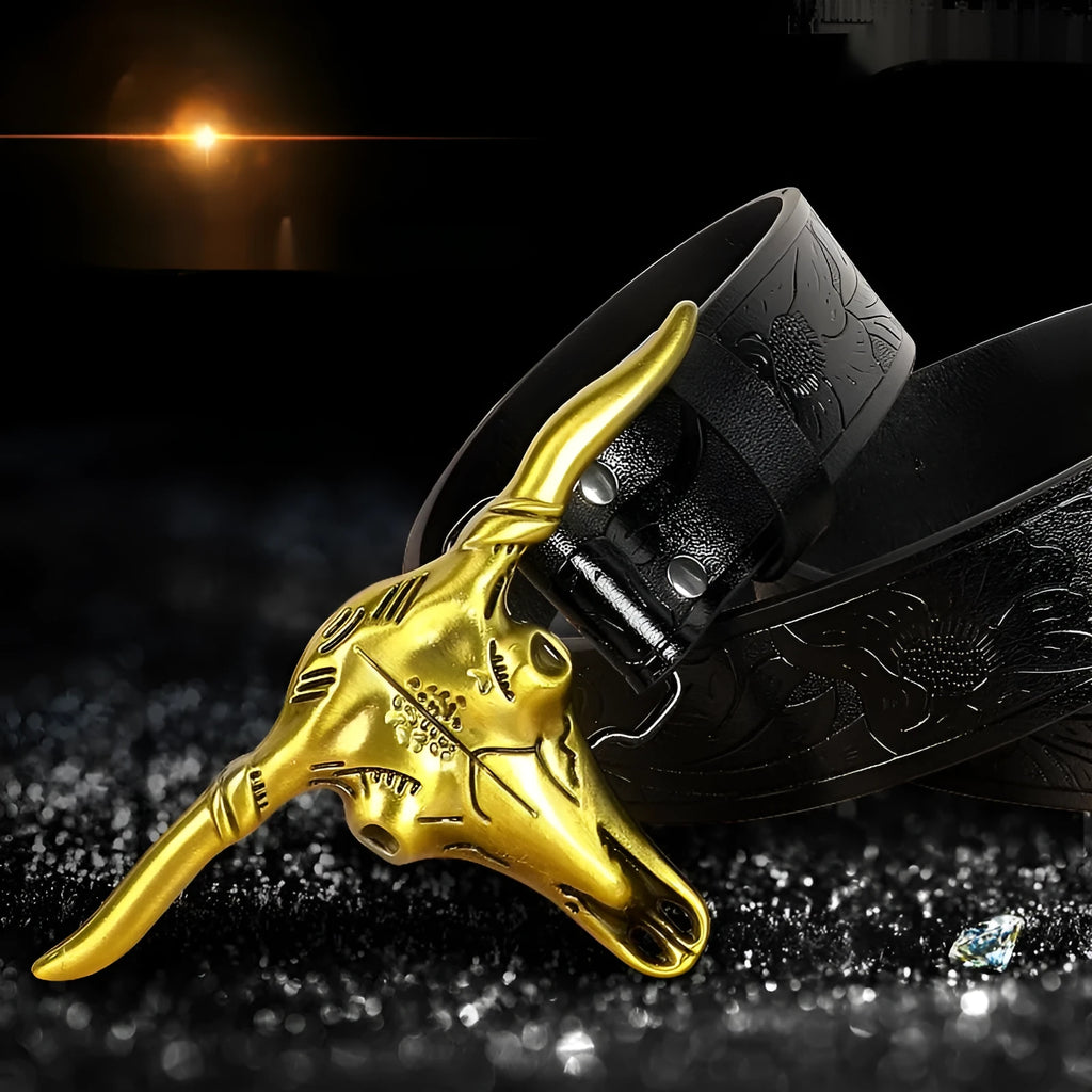 Men's brown leather belt featuring a detailed silver alloy cow head buckle.