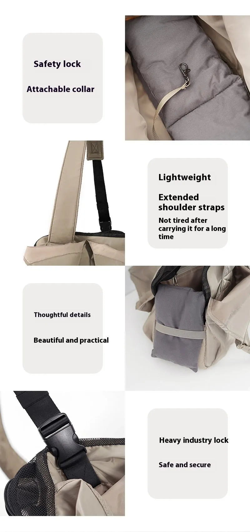 Apricot coloured cloth pet handbag with dimensions 41cm by 16cm by 28cm