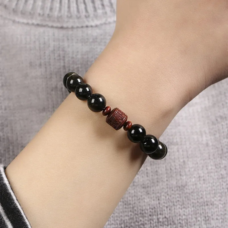 Hand-woven vintage bracelet with 10mm Golden Obsidian beads in retro style