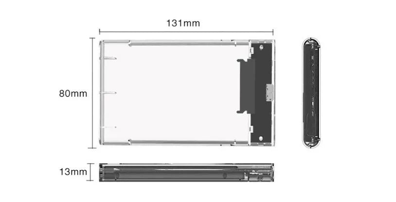 Transparent hard disk box PC material external enclosure for 2.5-inch SATA HDD, size 131x80x13mm, USB3.0 interface