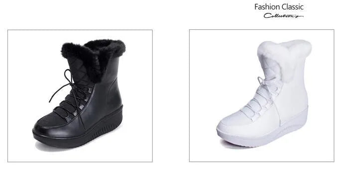 Women's black lace-up platform winter boots with a water-resistant finish.