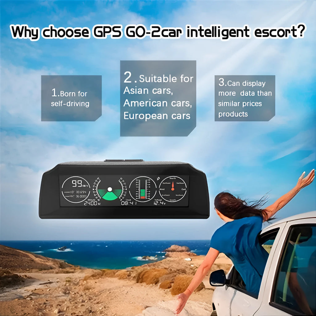 GPS GO 2 car head-up display unit with carbon fibre body on a dashboard, showing speed and angle data on a colour LCD screen.