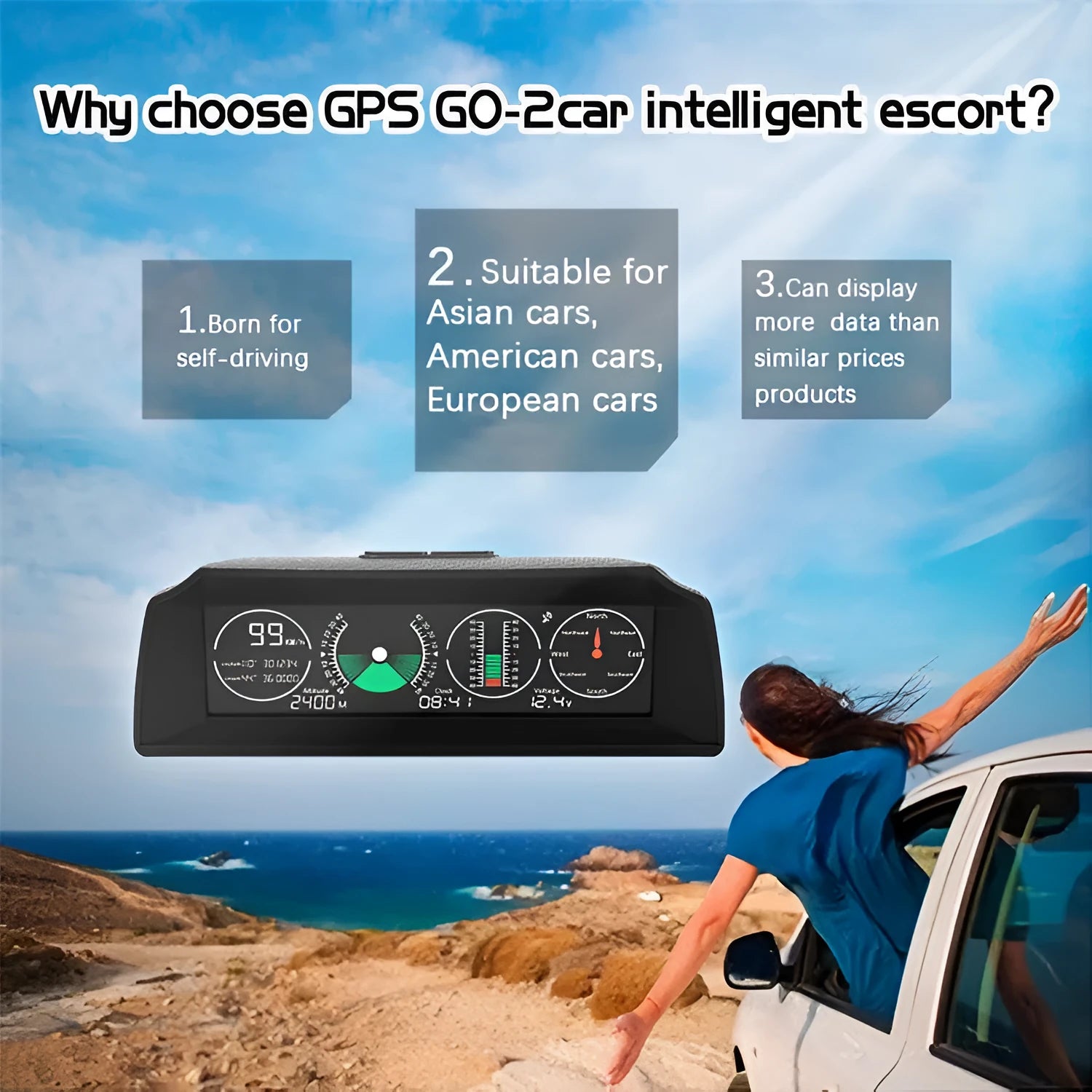 GPS GO 2 car head-up display unit with carbon fibre body on a dashboard, showing speed and angle data on a colour LCD screen.