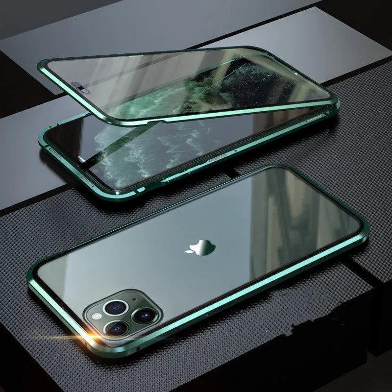 Geometric patterned glass anti-spy clamshell case for iPhone in multiple colours.