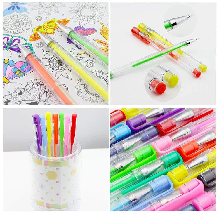 Set of 100 assorted colour gel pens with plastic shells on a white background.