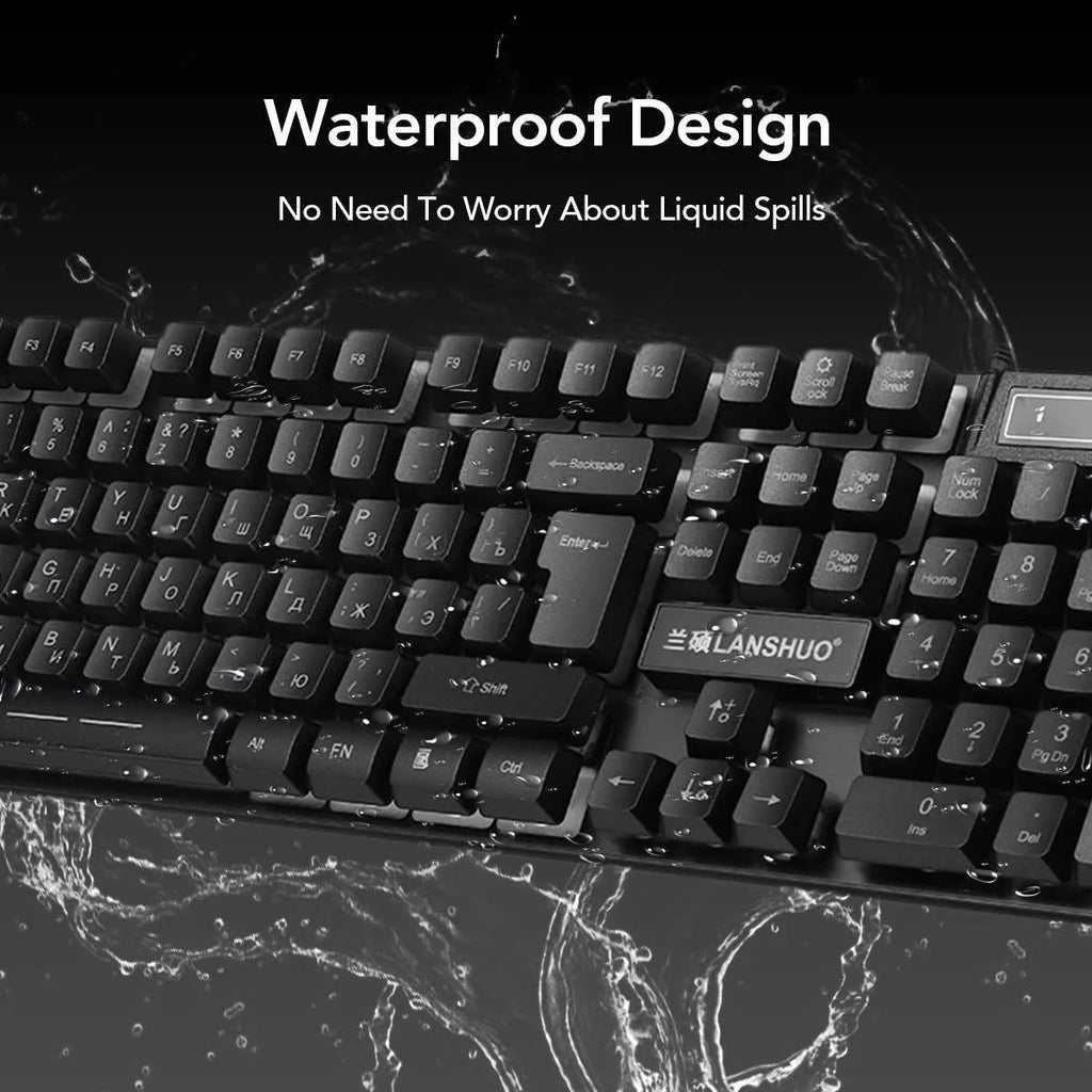 Russian USB wired backlit keyboard and mouse set in black with multimedia keys and cable