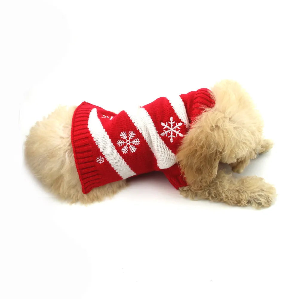Christmas polyester pet sweater for dogs, six sizes XXS to XL, colour red, with neck and back measurement details