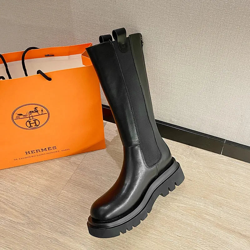 Women's cow two-layer leather Martin boots in black with rear zip, square heel, and waterproof platform