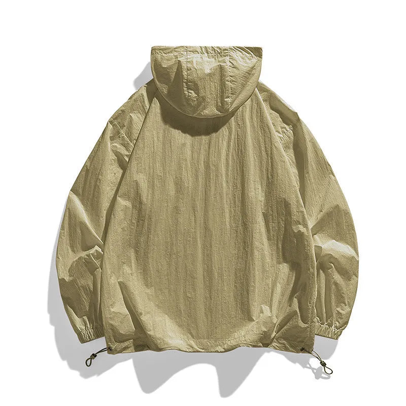 Lightweight beige hooded couple's sun protection jacket made from Lycra spandex fabric.