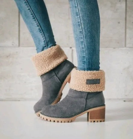 Women's mid-calf suede snow boots in khaki with a round toe and flat heel on a waterproof platform.