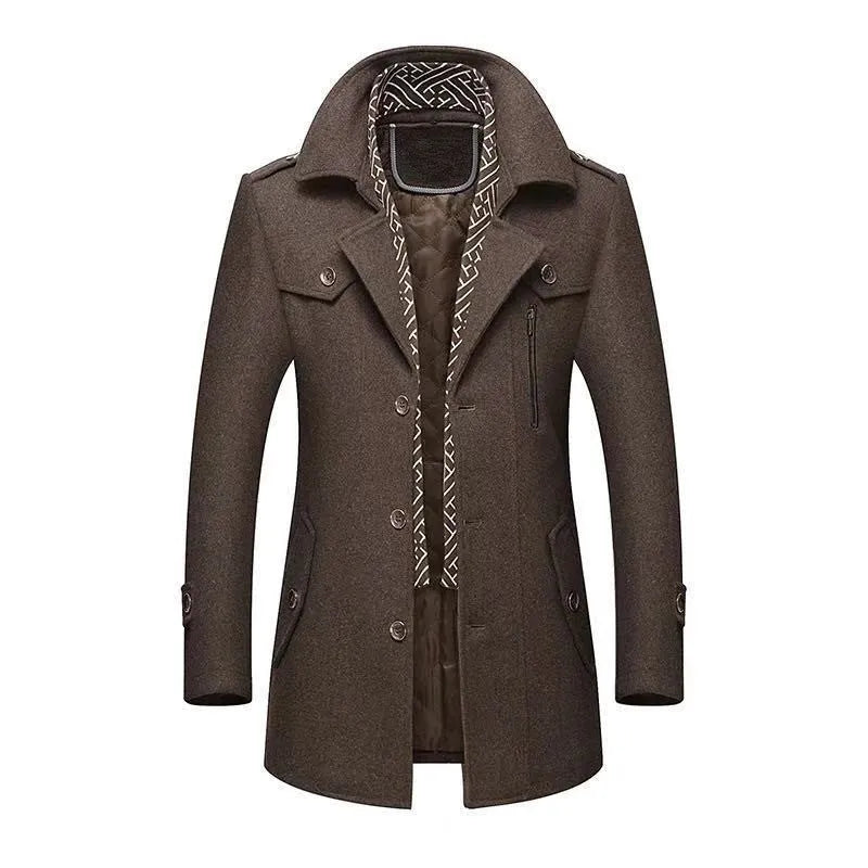 Men's woolen coat in camel with matching belt, front view, size M to 5XL