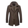 Men's woolen coat in camel with matching belt, front view, size M to 5XL