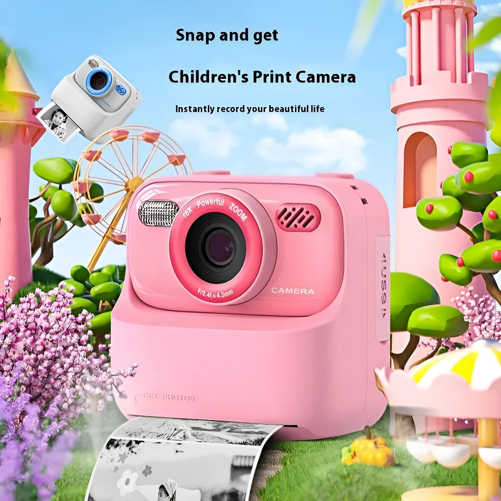 Multi-colour plastic digital camera for kids and teens with blue printing paper rolls and memory card