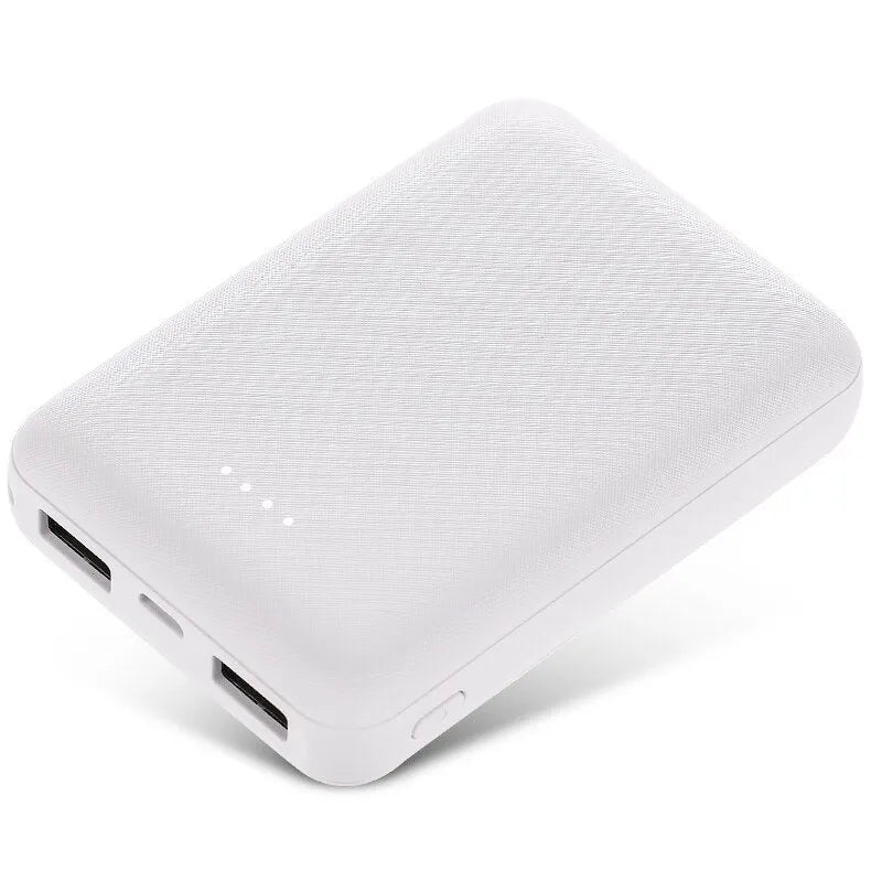 Ultra-thin 10,000mAh power bank measuring 90x63x22mm with multiple USB ports in black or white colour