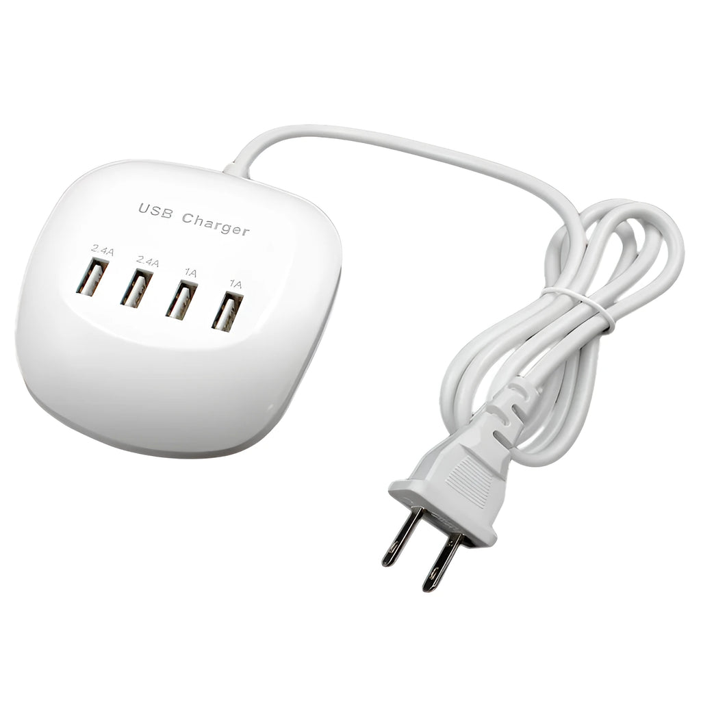White USB wall charger with either EU two-pin or US two-blade plug style