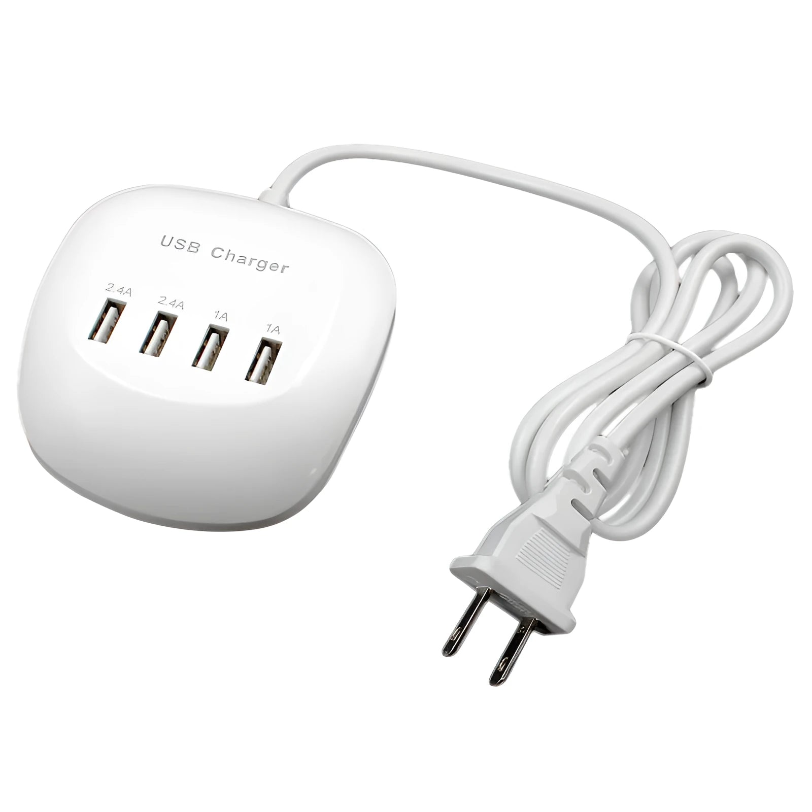 White USB wall charger with either EU two-pin or US two-blade plug style